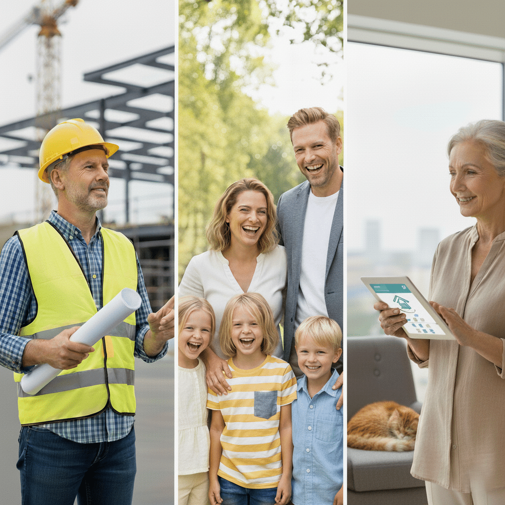 Darstellung verschiedener Zielgruppen: Handwerker, Familie und ältere Frau im digitalen Umfeld als Symbol für unterschiedliche Bedürfnisse und Entscheidungslogiken.