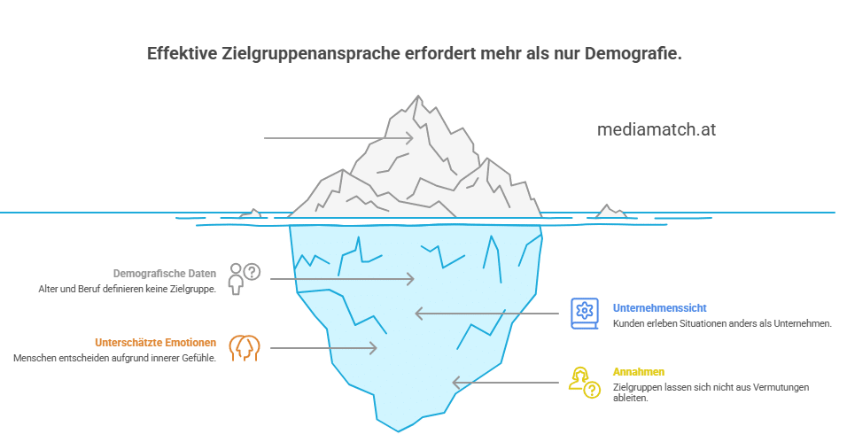 Effektive Zielgruppenanalyse als Eisbergmodell mit dem sichtbaren Teil der Demografie und dem unsichtbaren emotionalen Entscheider im Untergrund.